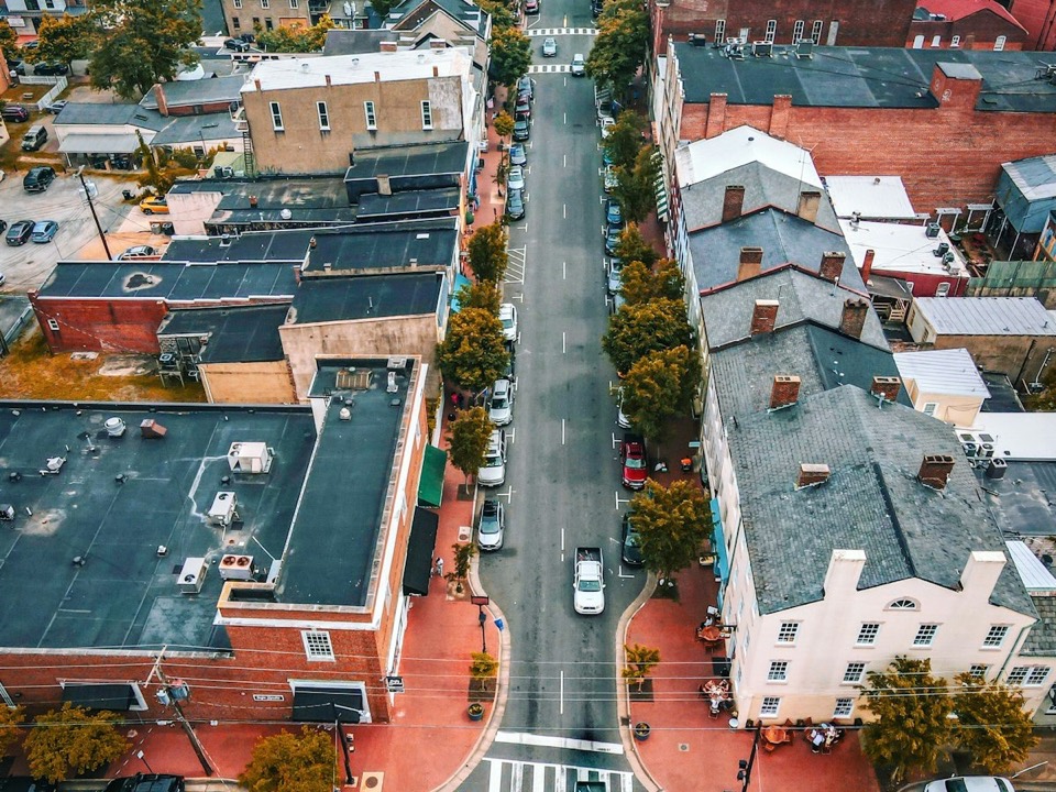 A small-town street from above
